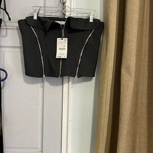BRAND NEW Zara dark gray strapless 3 way zip up top size large